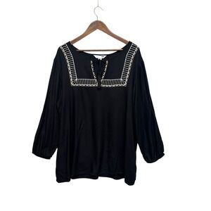 Old Navy Women Embroidered Top Size XXL Black Long Sleeve Peasant Pullover Tunic